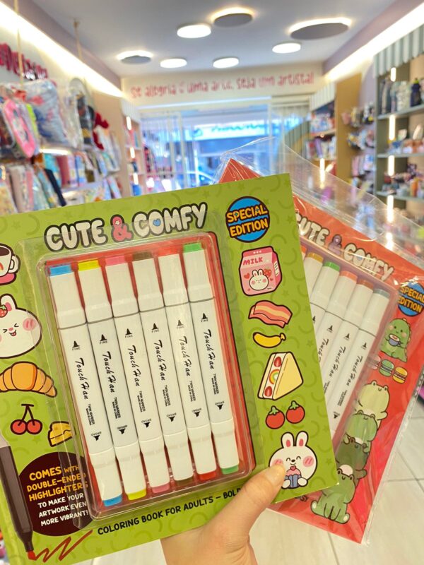 Kit Livro de Colorir Cute & Comfy + 6 Canetas Touch