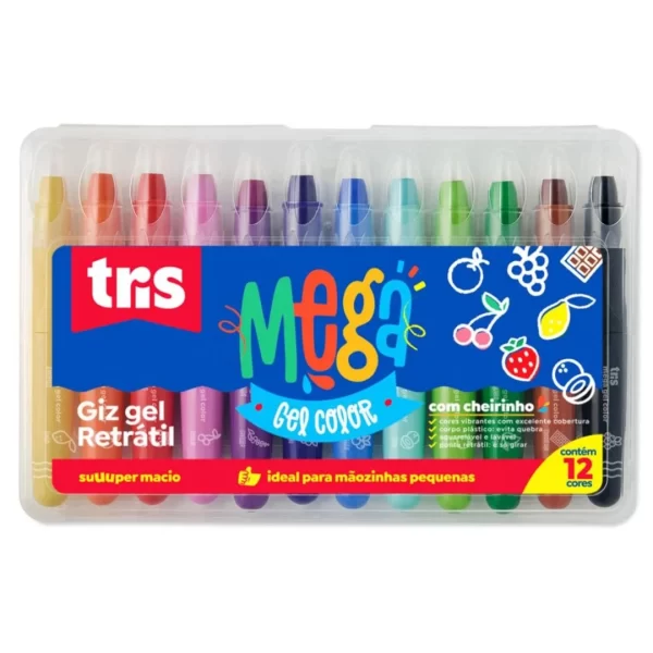 Giz Retrátil Mega Gel Color com Cheirinho Tris 12 Cores