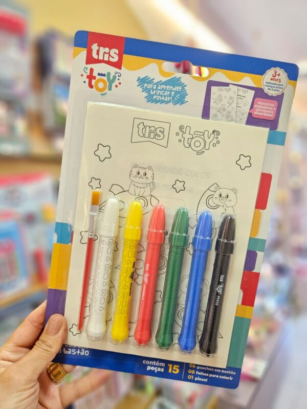 Kit Guache Bastão com 6 Cores + 8 Folhas para Colorir + 01 Pincel Toy Tris